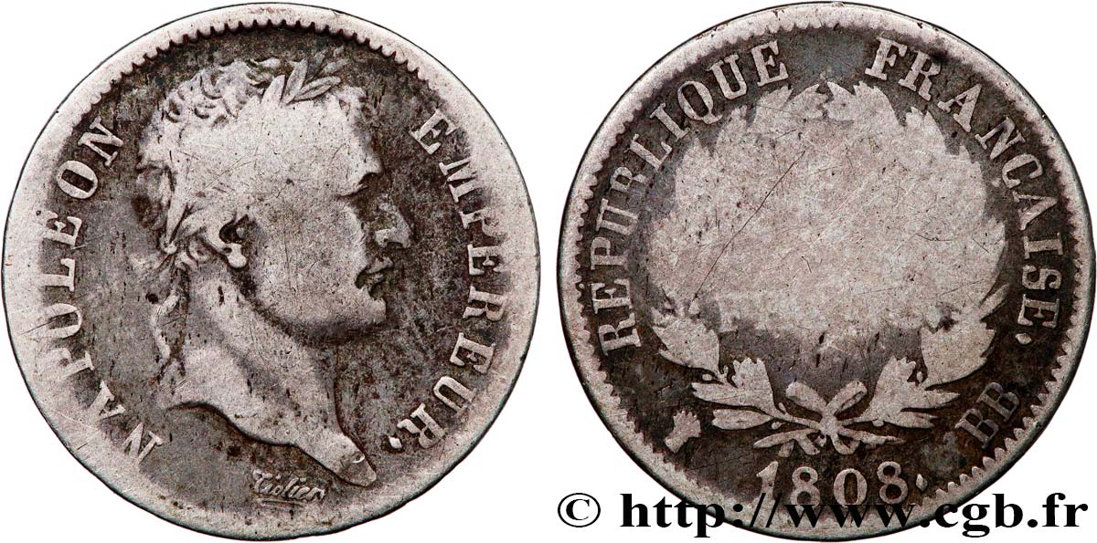 1 franc Napoléon Ier tête laurée, République française 1808 Strasbourg F.204/4 B 
