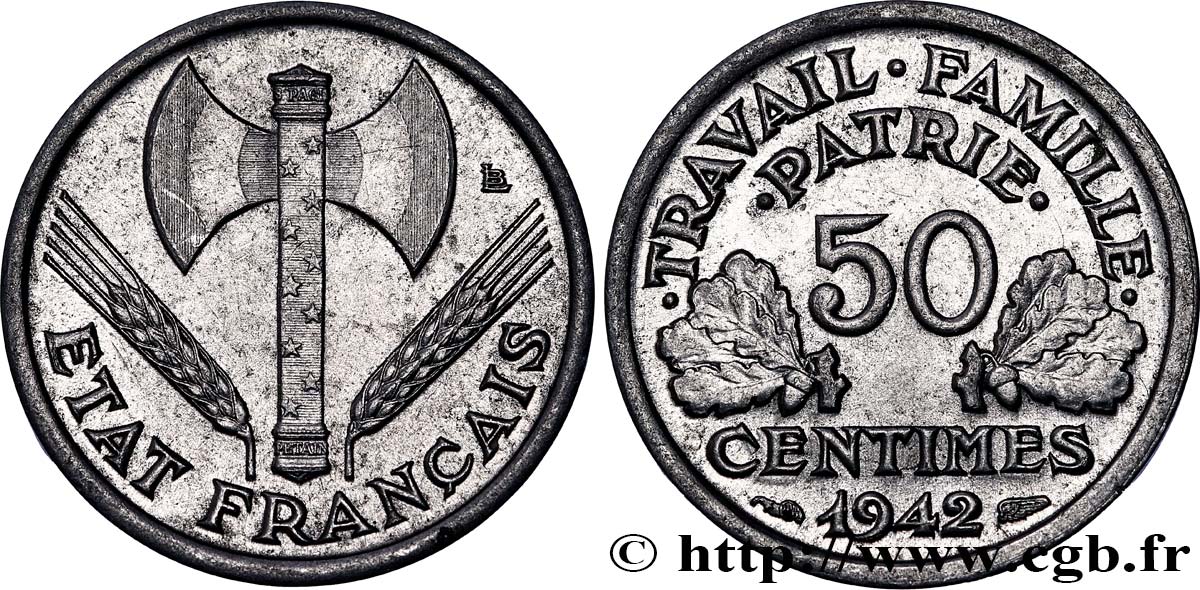 50 centimes Francisque, lourde 1942 Paris F.195/3 SUP60 