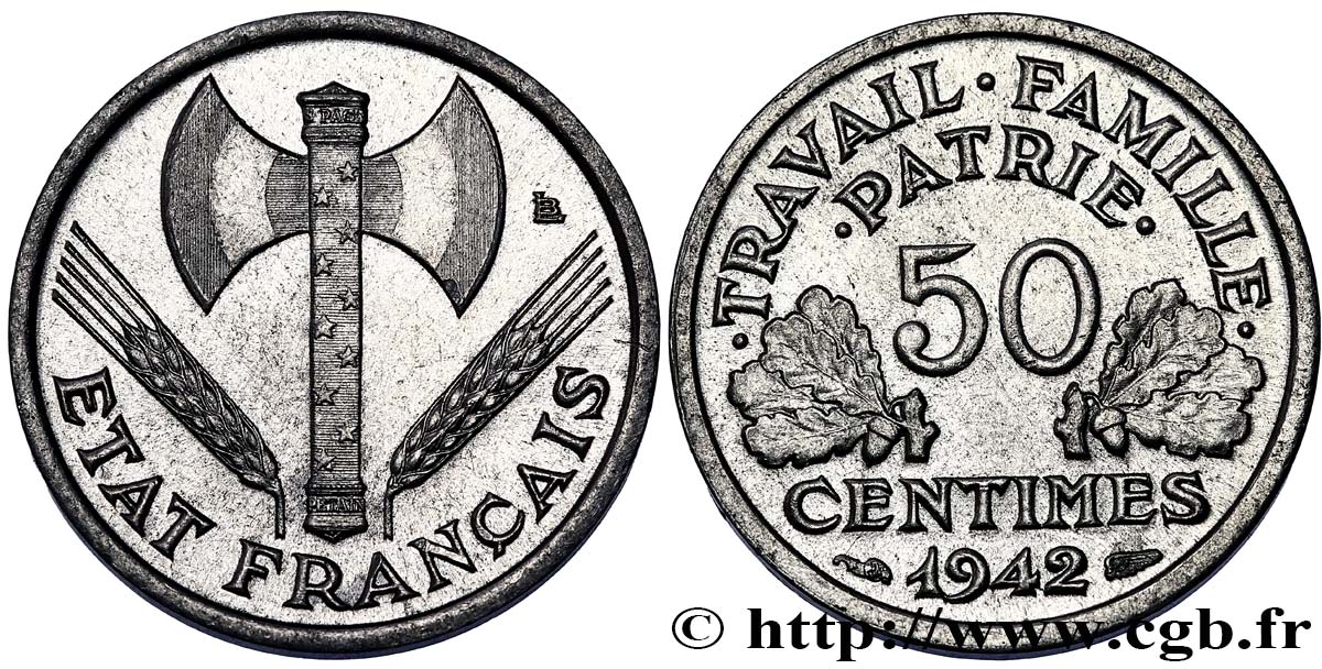 50 centimes Francisque, lourde 1942 Paris F.195/3 SUP62 