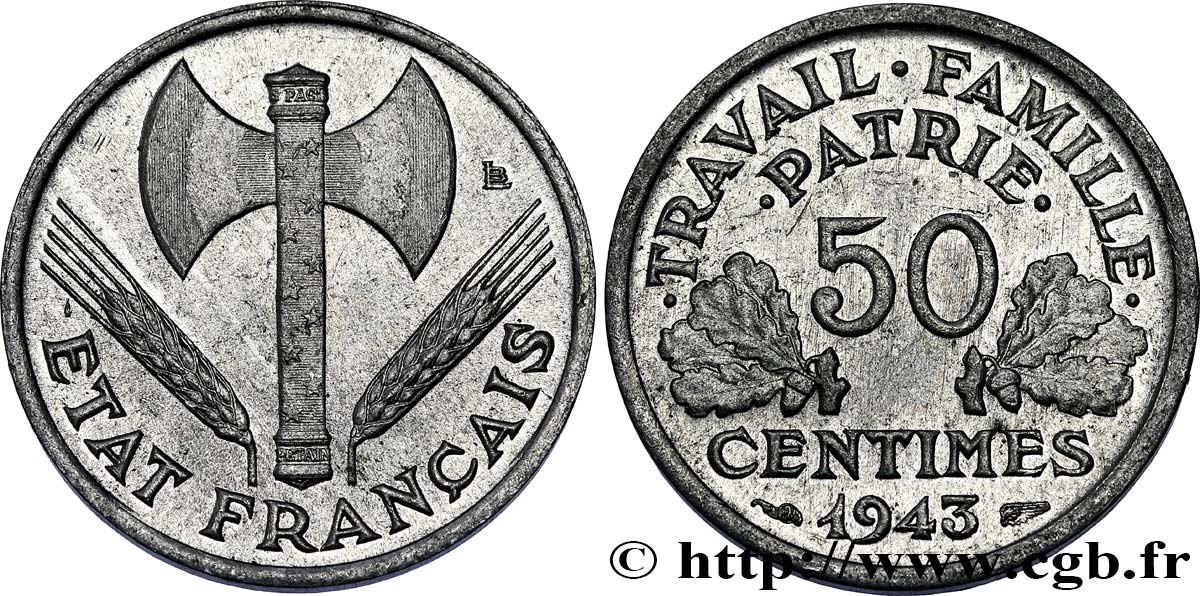 50 centimes Francisque, légère, FRAPPE MÉDAILLE 1943 Paris F.196/2 var. EBC58 
