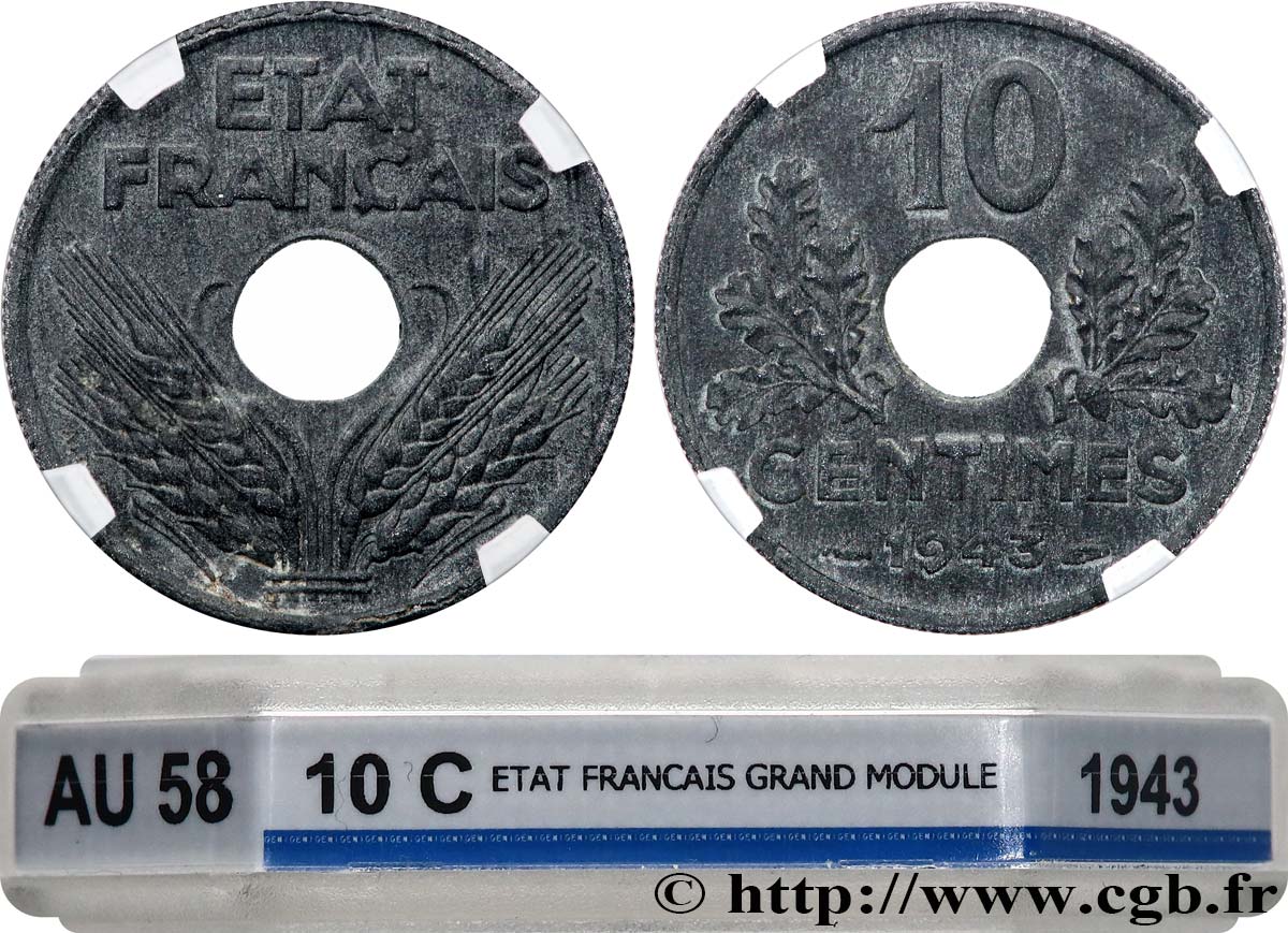 10 centimes État français, grand module 1943  F.141/5 SUP58 GENI