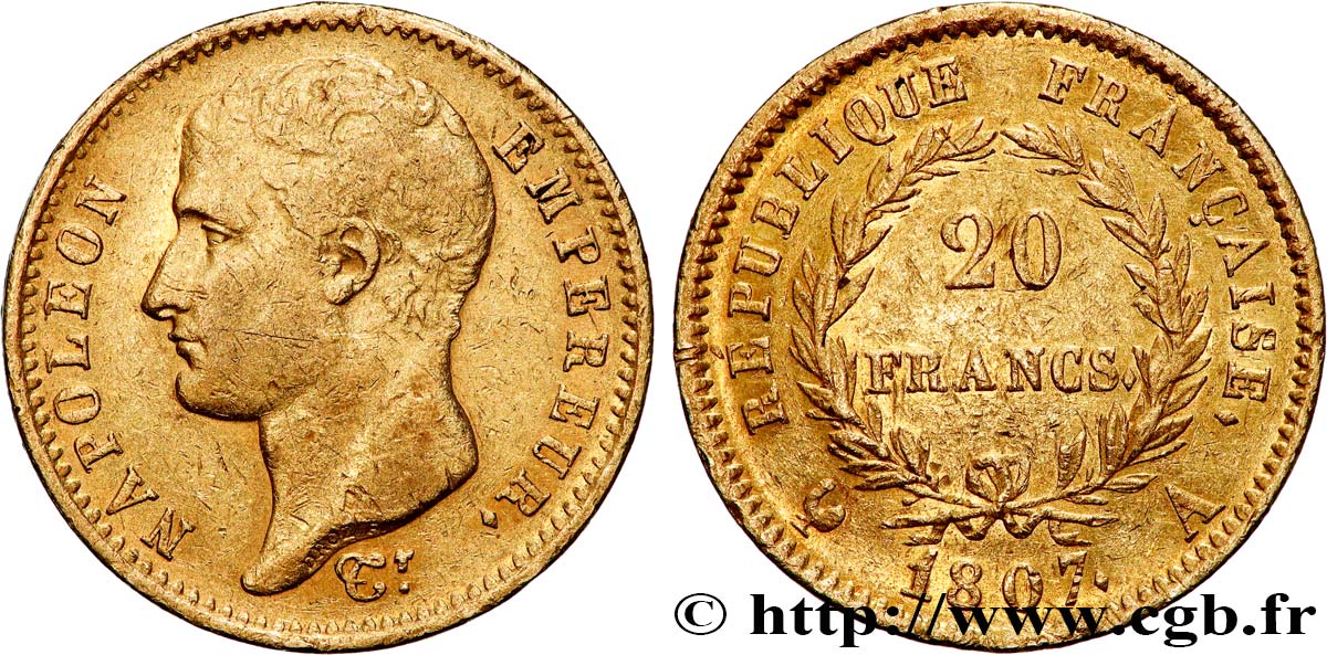 20 francs or Napoléon tête nue, type transitoire 1807 Paris F.514/1 fSS 