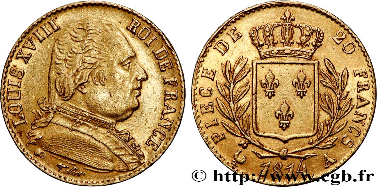 20 francs or Louis XVIII, buste habillé 1814 Paris F.517/1 q.SPL 