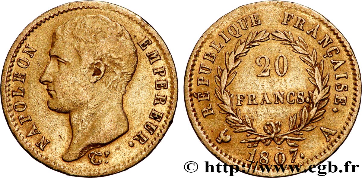 20 francs or Napoléon tête nue, type transitoire 1807 Paris F.514/1 BC+ 