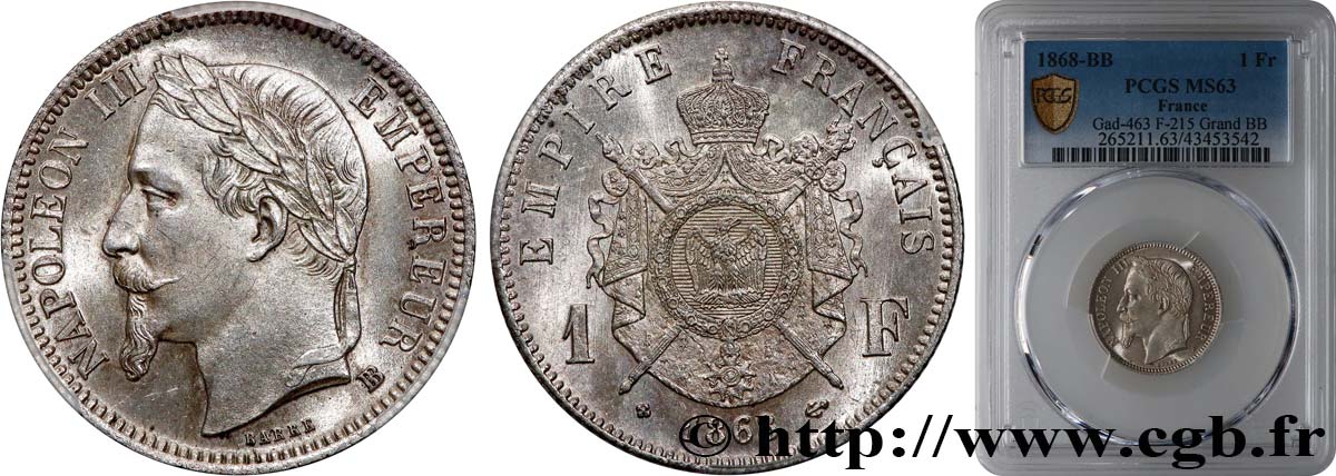 1 franc Napoléon III, tête laurée, Grand BB 1868 Strasbourg F.215/12 SPL63 PCGS