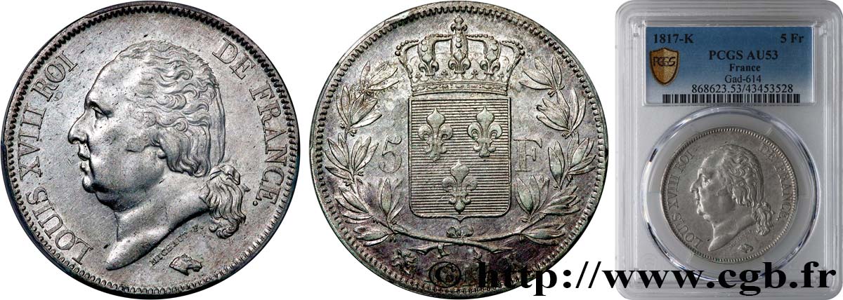 5 francs Louis XVIII, tête nue 1817 Bordeaux F.309/21 SS53 PCGS