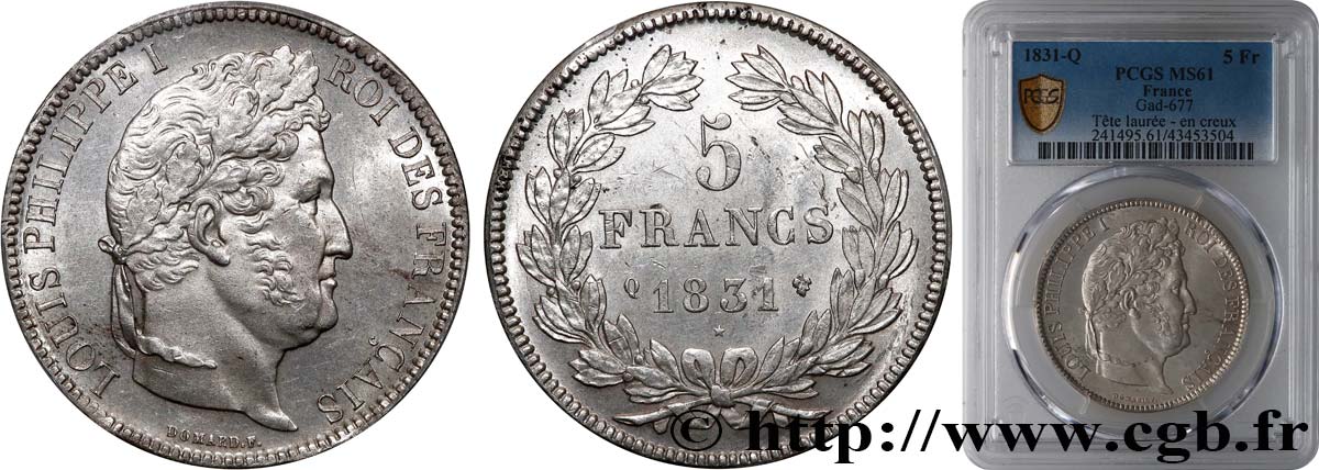 5 francs Ier type Domard, tranche en creux 1831 Perpignan F.319/7 SPL61 PCGS