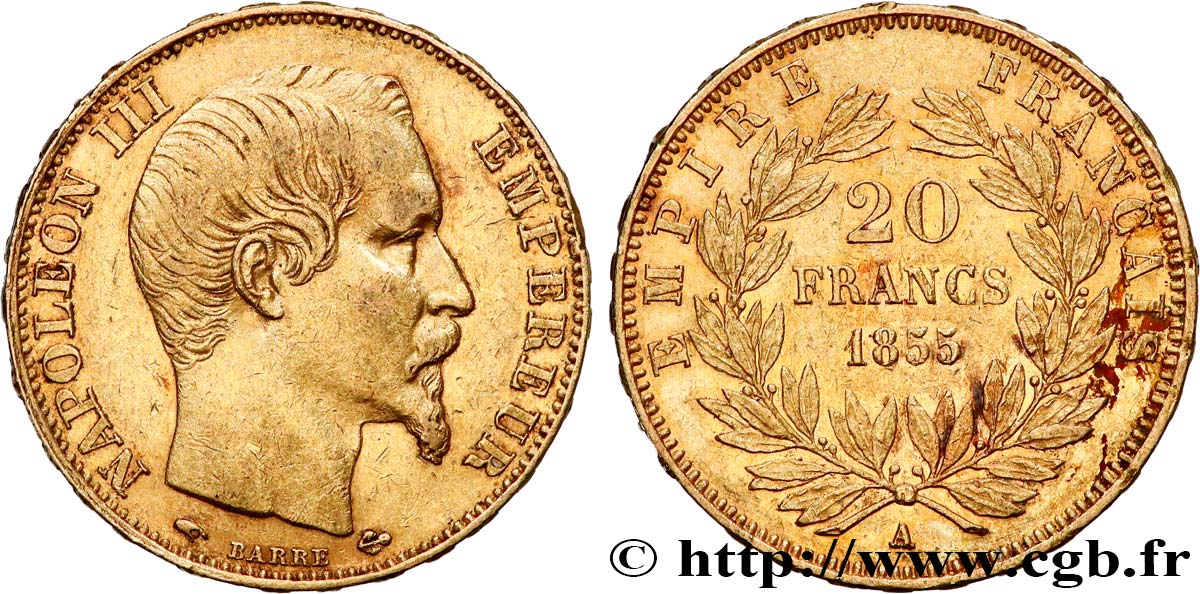 20 francs or Napoléon III, tête nue 1855 Paris F.531/4 MBC 