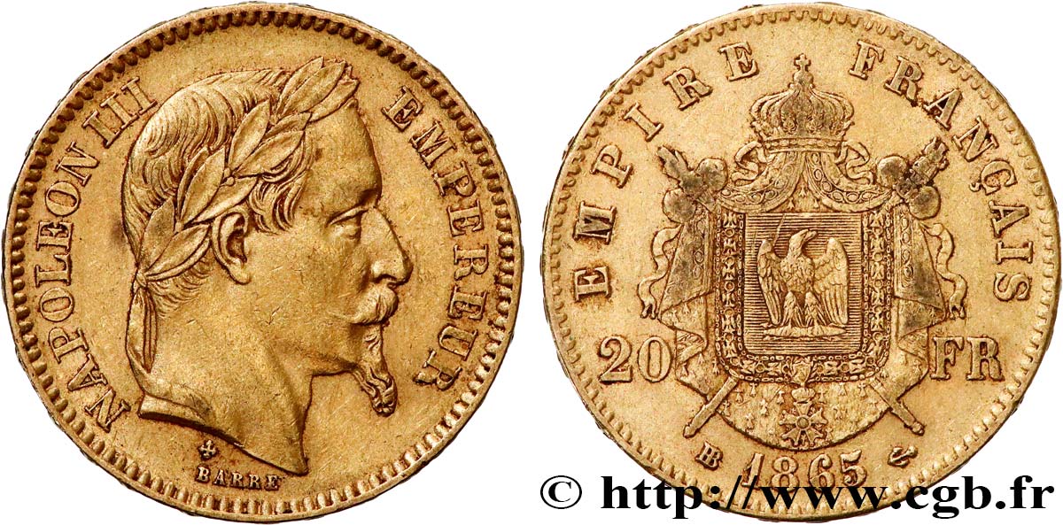 20 francs or Napoléon III, tête laurée 1865 Strasbourg F.532/12 MBC 