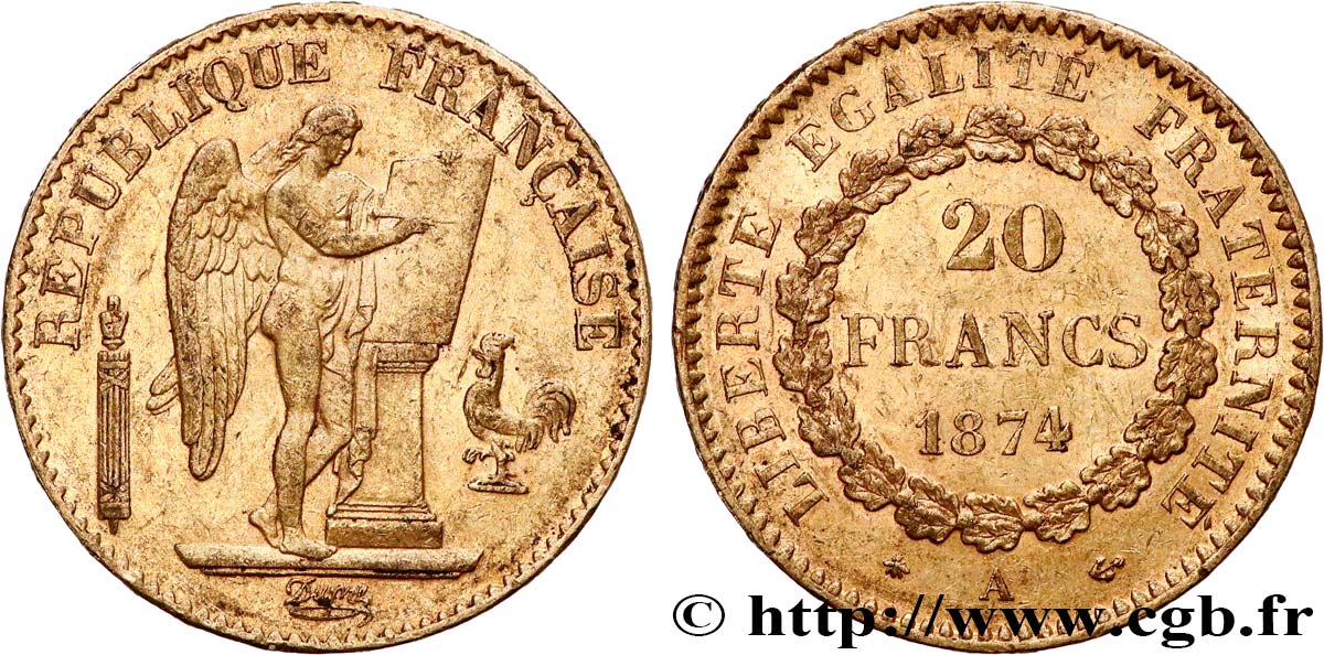 20 francs or Génie, Troisième République 1874 Paris F.533/2 TTB+ 