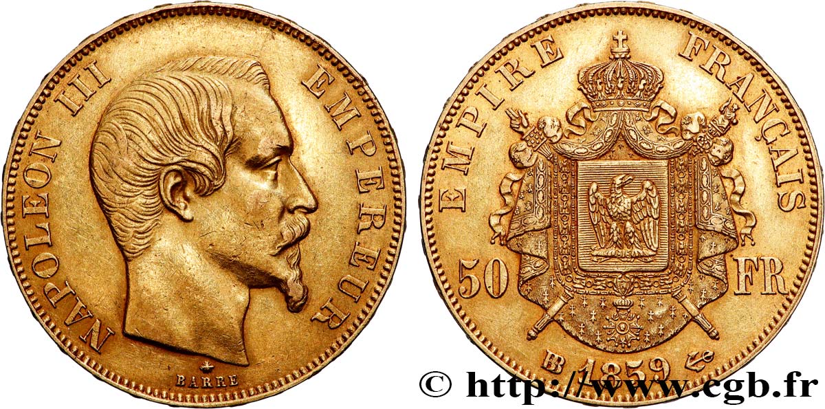 50 francs or Napoléon III, tête nue 1859 Strasbourg F.547/8 TTB+ 
