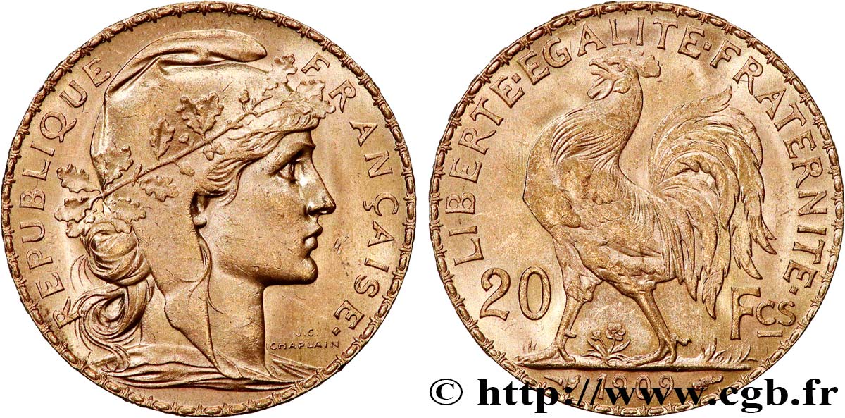 20 francs or Coq, Liberté Égalité Fraternité 1909 Paris F.535/3 SUP+ 