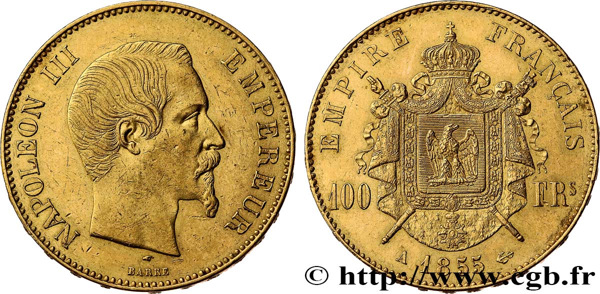 100 francs or Napoléon III, tête nue 1855 Paris F.550/1 MBC53 