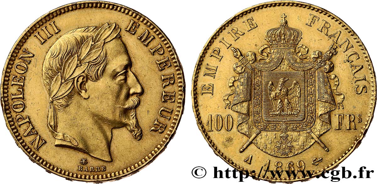 100 francs or Napoléon III, tête laurée 1869 Paris F.551/12 SUP 