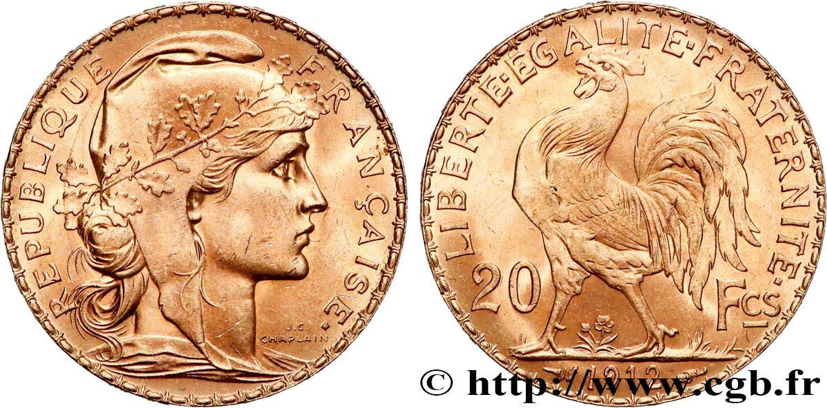 20 francs or Coq, Liberté Égalité Fraternité 1912 Paris F.535/6 SUP 