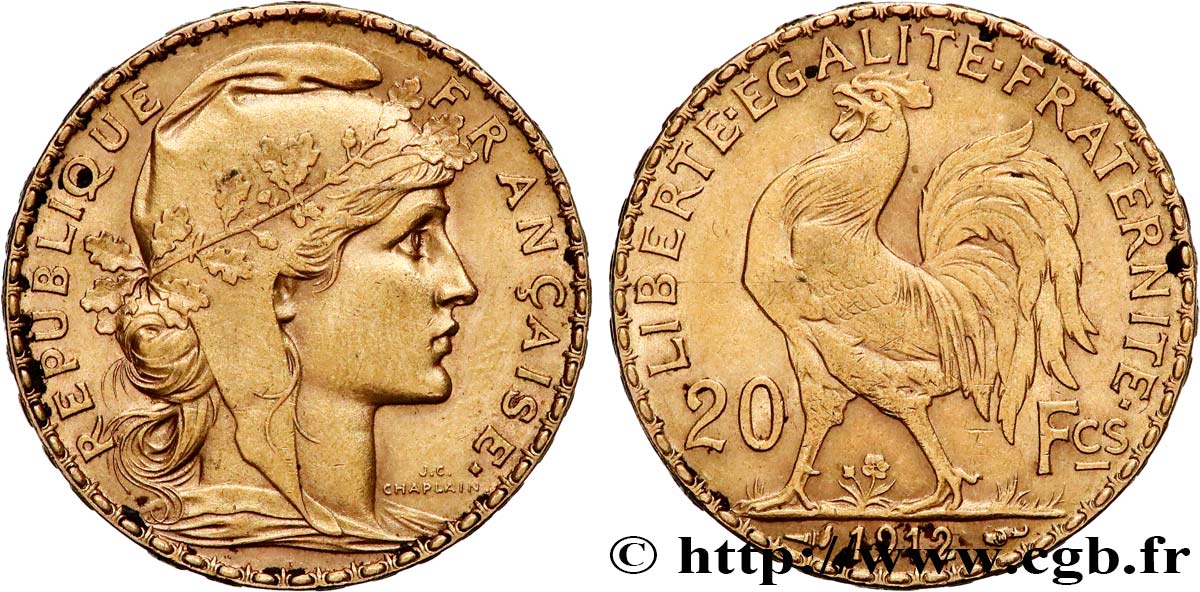 20 francs or Coq, Liberté Égalité Fraternité 1912 Paris F.535/6 TTB+ 