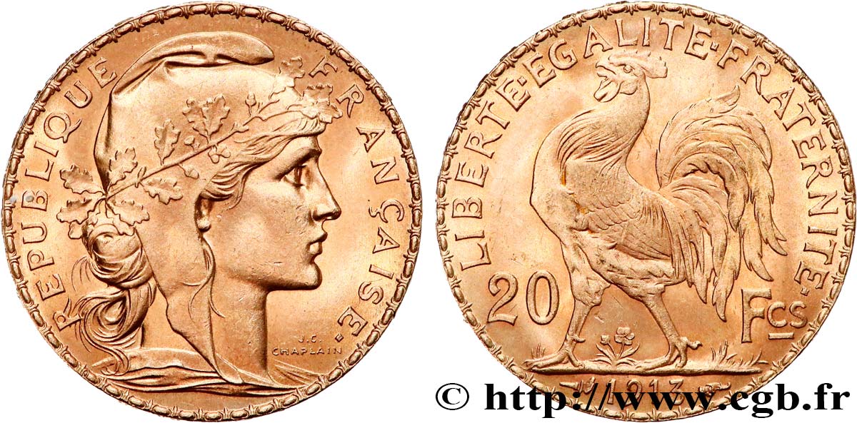 20 francs or Coq, Liberté Égalité Fraternité 1913 Paris F.535/7 SUP+ 