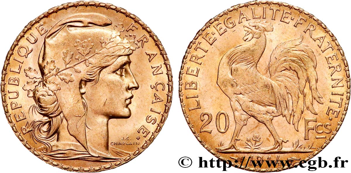 20 francs or Coq, Liberté Égalité Fraternité 1914 Paris F.535/8 EBC 