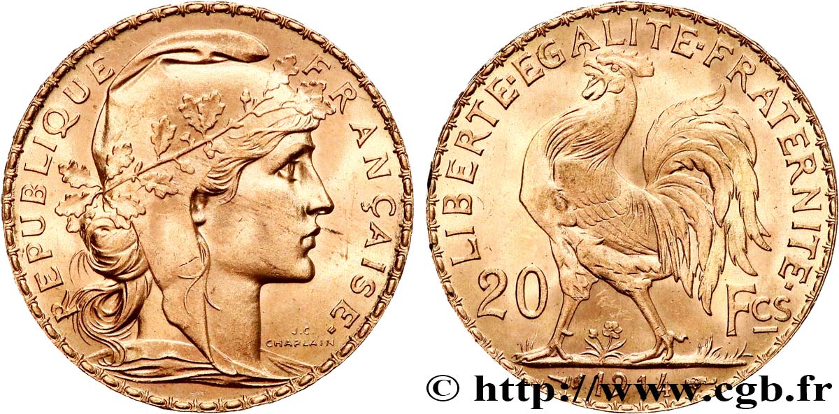 20 francs or Coq, Liberté Égalité Fraternité 1914 Paris F.535/8 SUP+ 