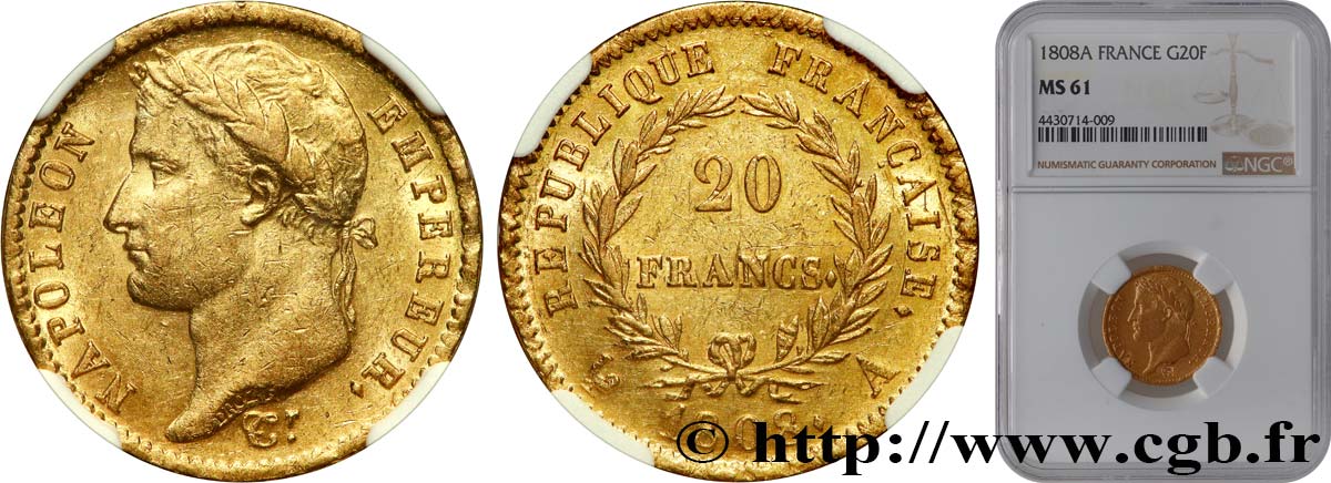 20 francs or Napoléon tête laurée, République française 1808 Paris F.515/2 EBC61 NGC