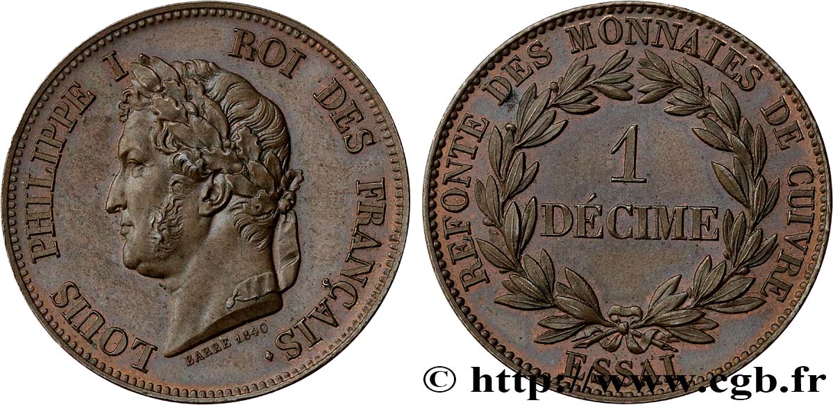 Essai de 1 décime en cuivre, poids léger 1840 Paris VG.2915  fST64 