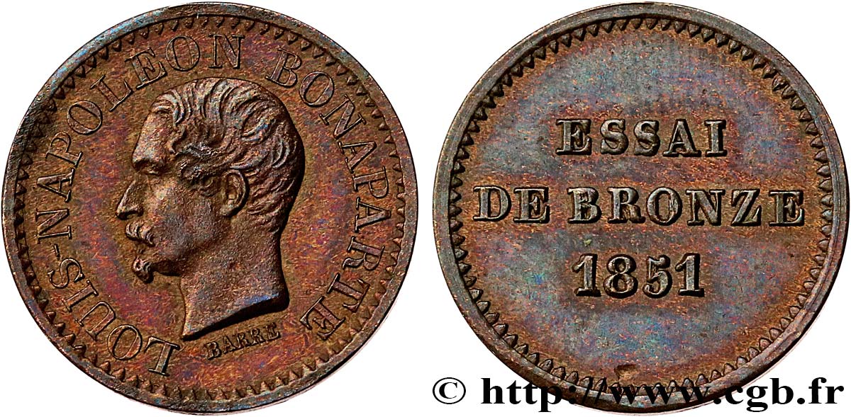 Essai de bronze au module de un centime, Louis-Napoléon Bonaparte 1851 Paris VG.3297  EBC+ 