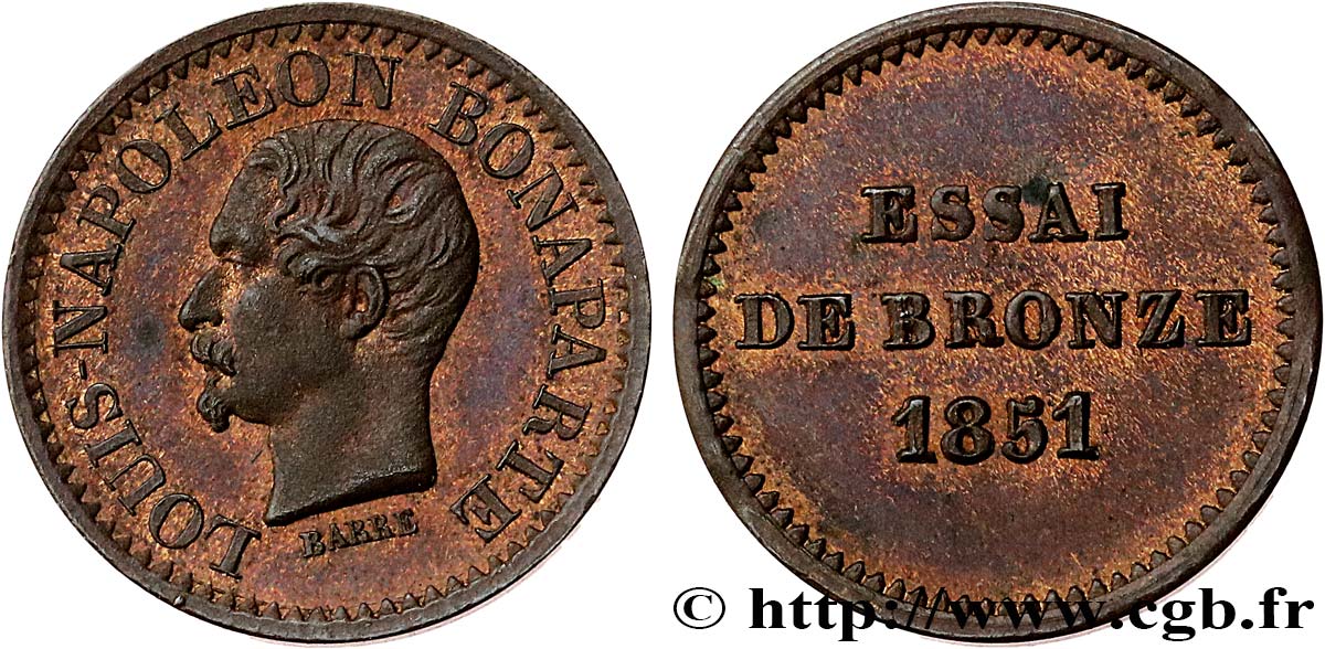 Essai de bronze au module de un centime, Louis-Napoléon Bonaparte 1851 Paris VG.3297  MS64 
