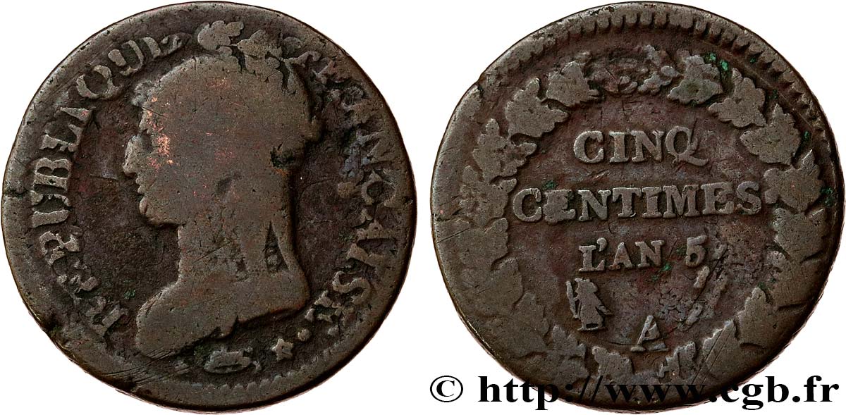 Cinq centimes Dupré, grand module,  refrappage  du décime 1797 Paris F.114/1 RC+ 