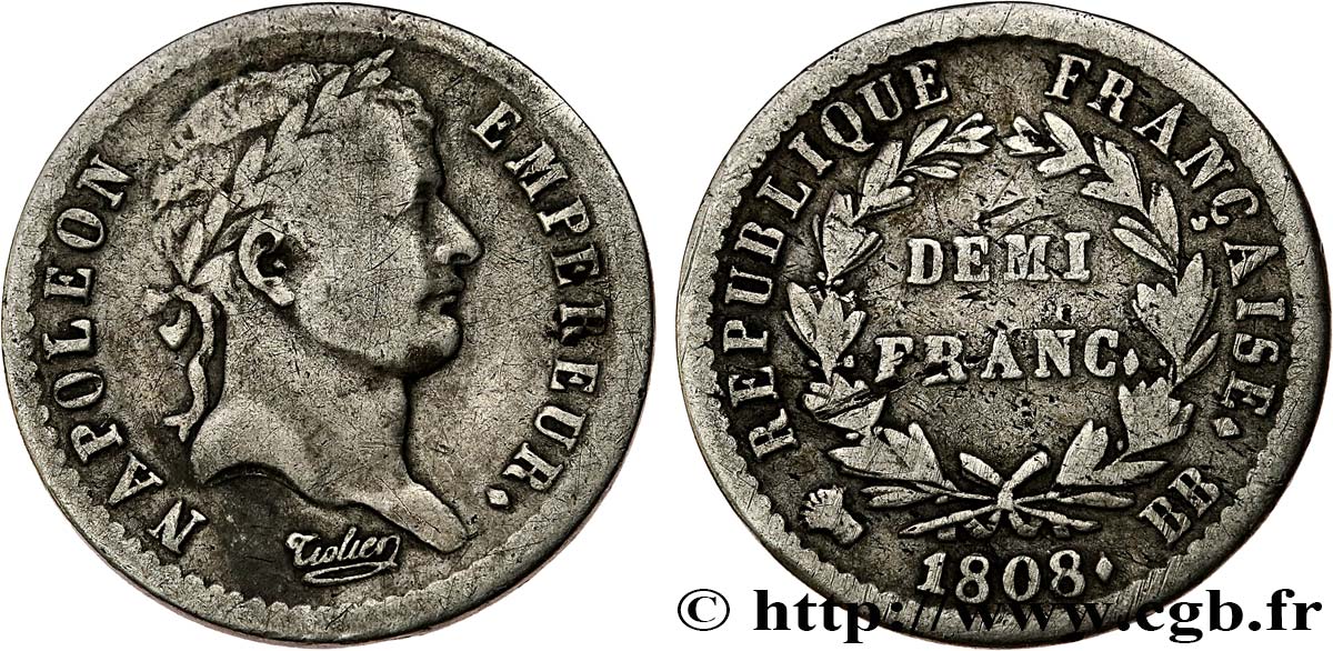 Demi-franc Napoléon Ier tête laurée, République française, buste fin 1808 Strasbourg F.177/4 VF 