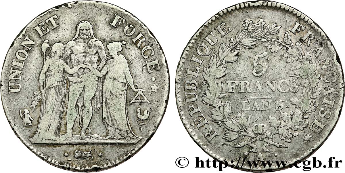 5 francs Union et Force, Union serré, avec glands intérieurs et gland extérieur 1798 Paris F.288/37 BC 