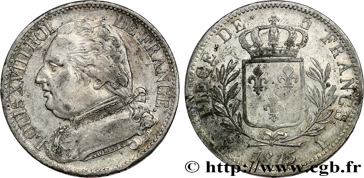 5 francs Louis XVIII, buste habillé 1815 Bayonne F.308/23 SS50 