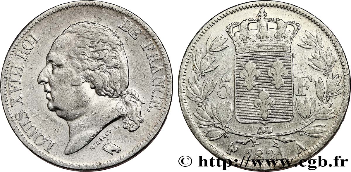 5 francs Louis XVIII, tête nue 1821 Paris F.309/60 XF 