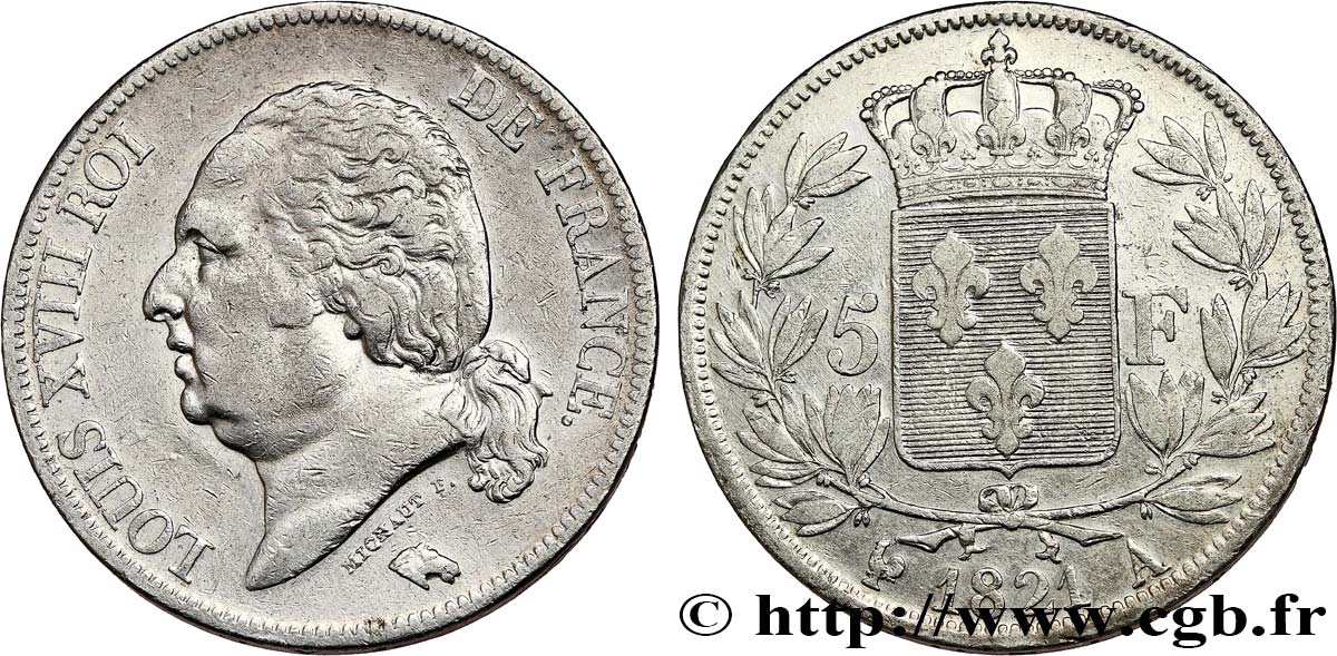 5 francs Louis XVIII, tête nue 1821 Paris F.309/60 TTB 