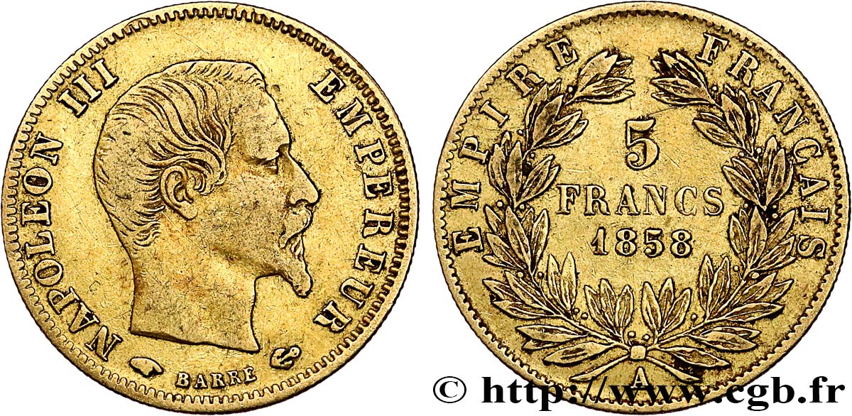 5 francs or Napoléon III, tête nue, grand module 1858 Paris F.501/5 VF35 