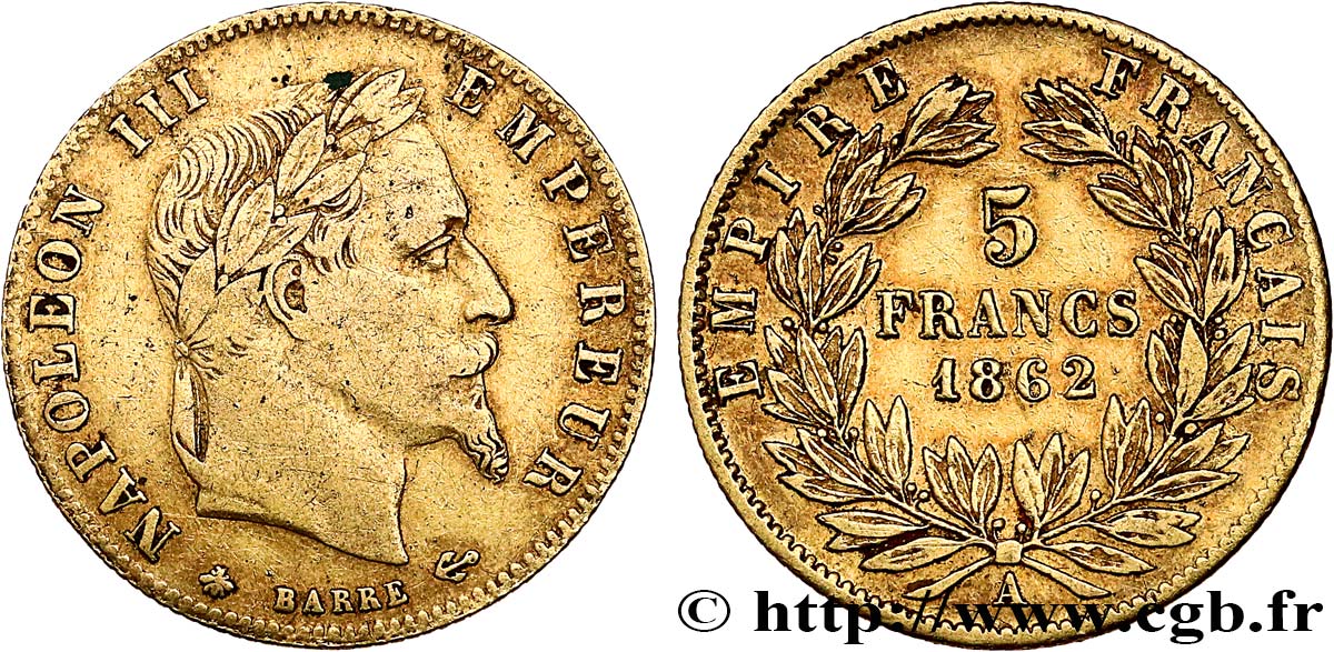 5 francs or Napoléon III, tête laurée 1862 Paris F.502/1 BC 