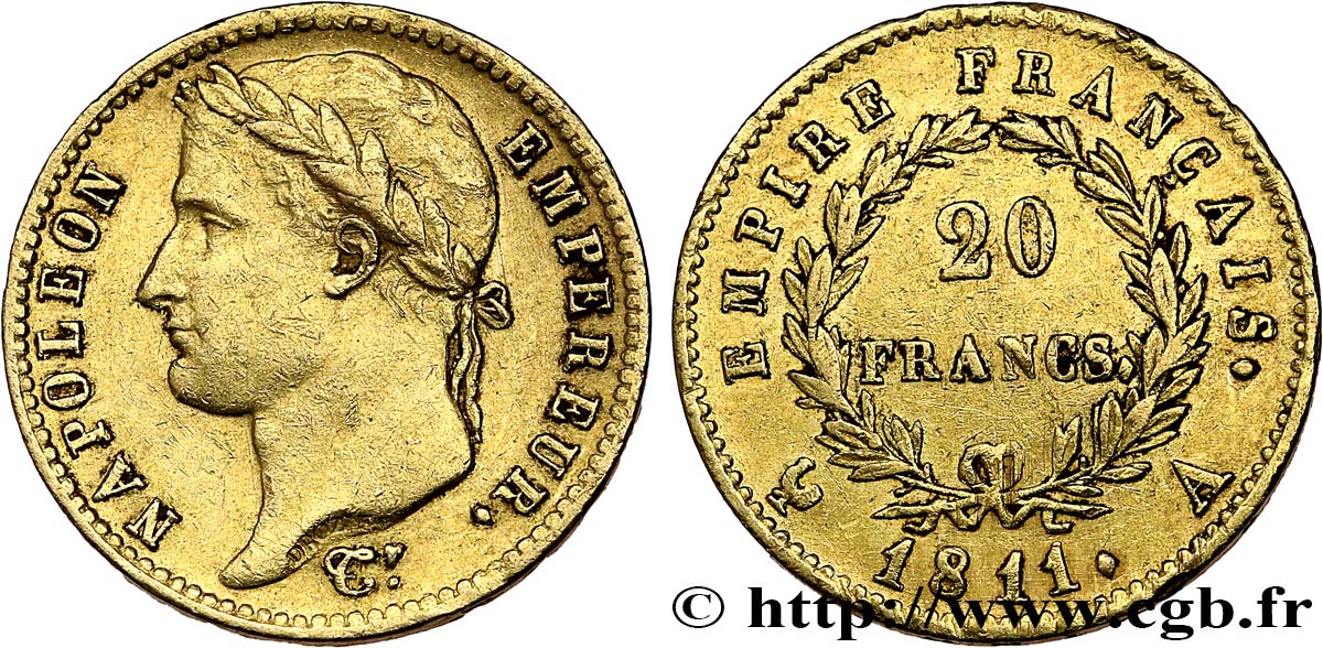 20 francs or Napoléon, tête laurée, Empire français 1811 Paris F.516/16 SS45 