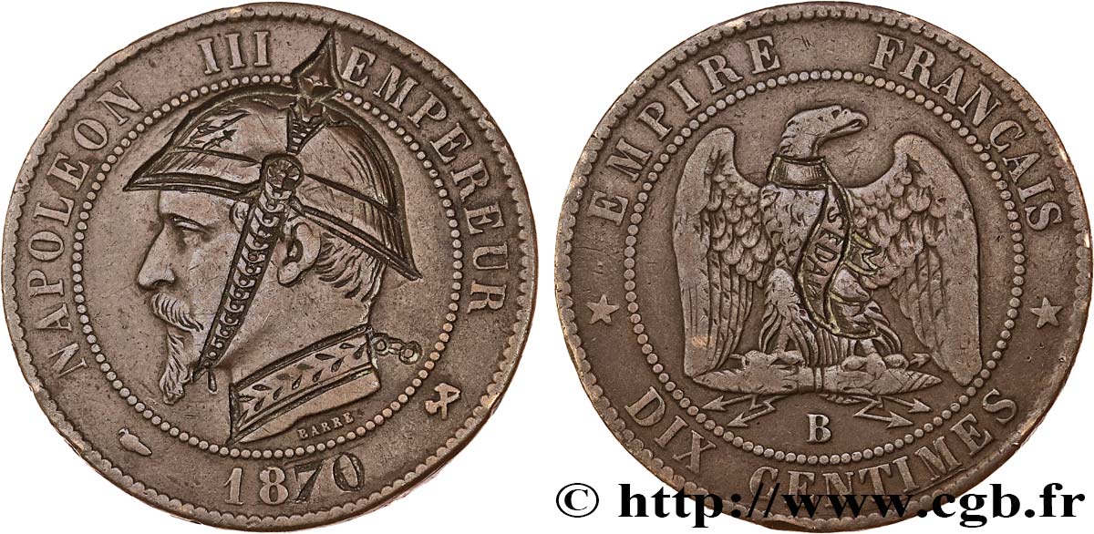 Dix centimes Napoléon III, tête nue, satirique 1870 Rouen F.133/- var. TB 