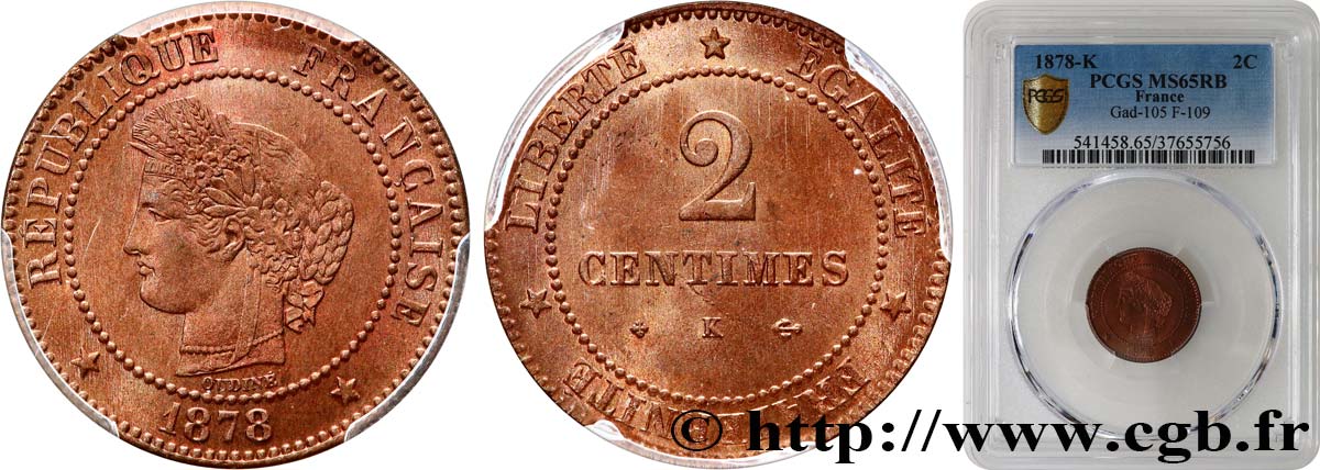 2 centimes Cérès 1878 Bordeaux F.109/4 MS65 PCGS