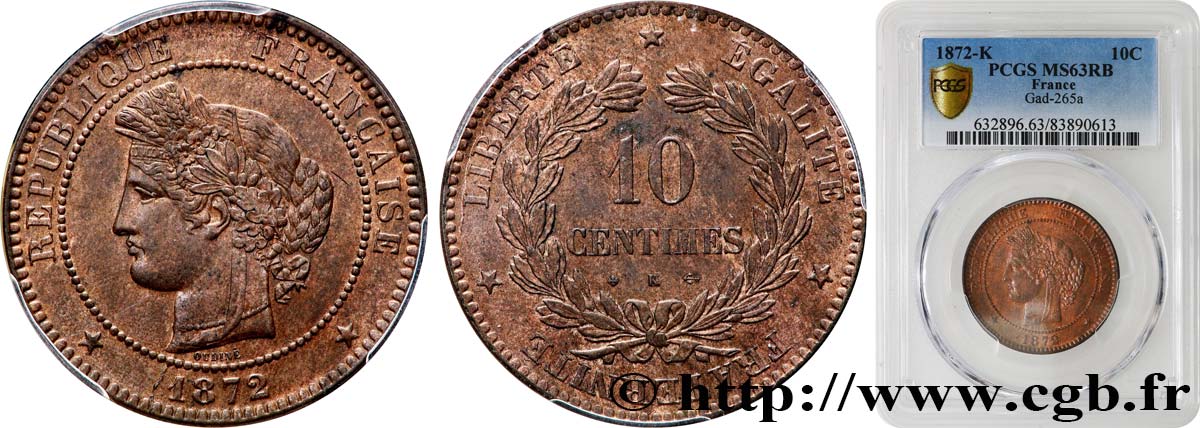 10 centimes Cérès 1872 Bordeaux F.135/9 SPL63 PCGS