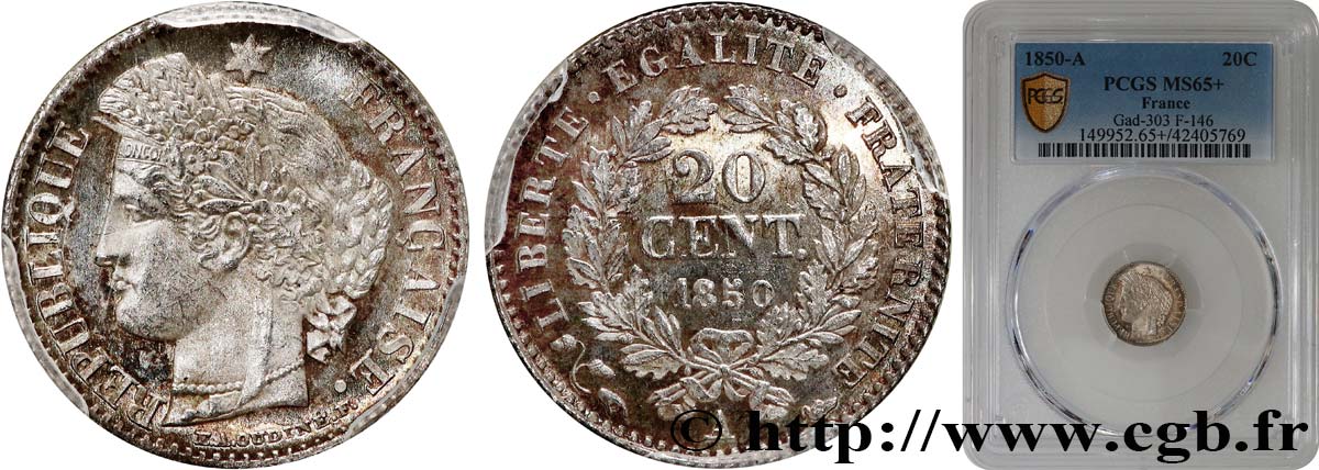 20 centimes Cérès, IIe République 1850 Paris F.146/3 MS65 PCGS