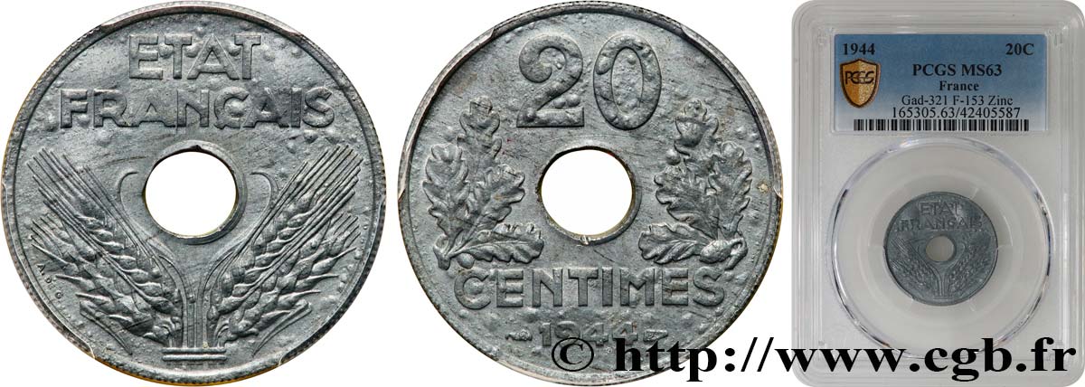 20 centimes État français, légère 1944  F.153A/2 MS63 PCGS
