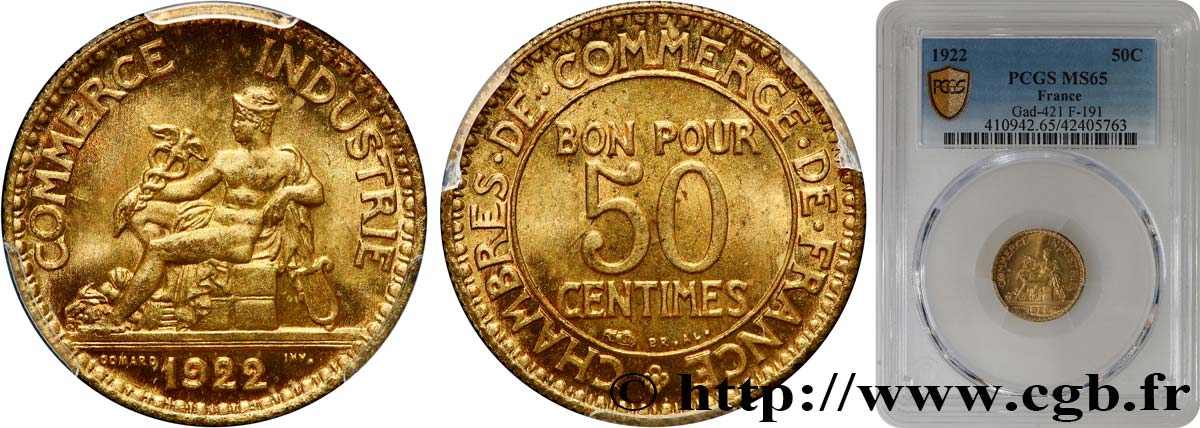 50 centimes Chambres de Commerce 1922 Paris F.191/4 FDC65 PCGS