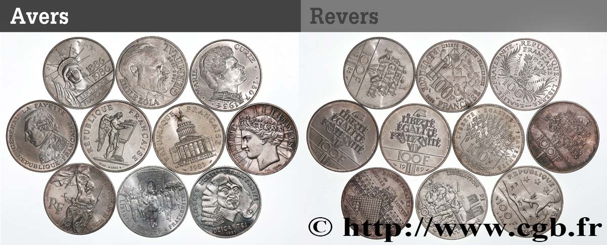 Lot de 10 pièces de 100 francs commémoratives - - F.-/ XF 