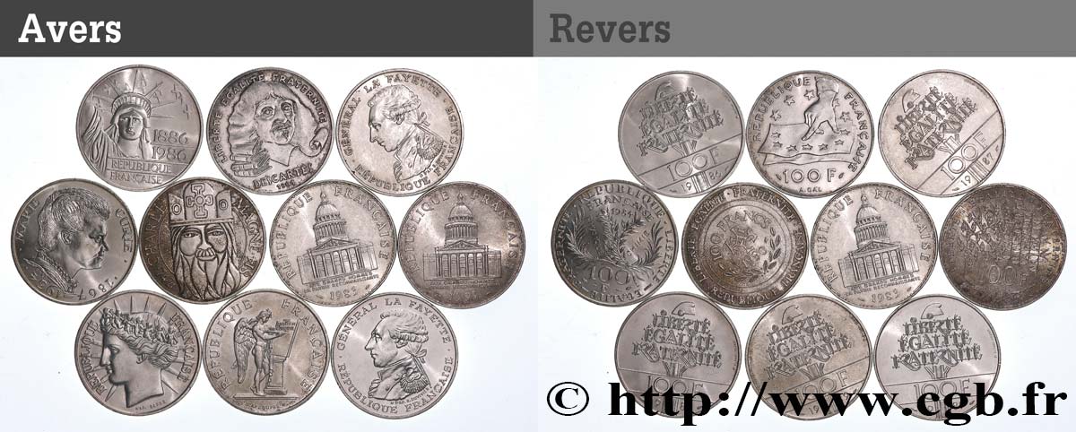 Lot de 10 pièces de 100 francs commémoratives - - F.-/ TTB 