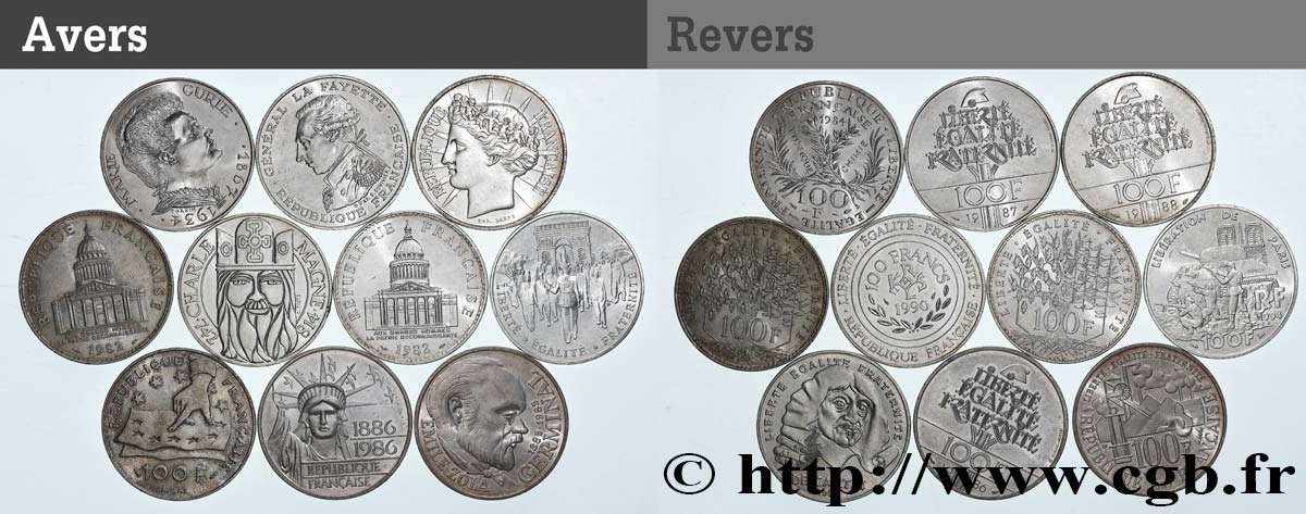 Lot de 10 pièces de 100 francs commémoratives - - F.-/ TTB 