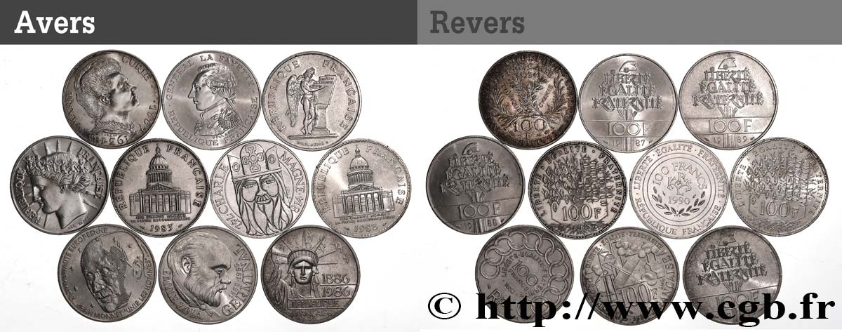 Lot de 10 pièces de 100 francs commémoratives - - F.-/ XF 