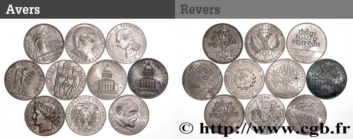 Lot de 10 pièces de 100 francs commémoratives - - F.-/ XF 