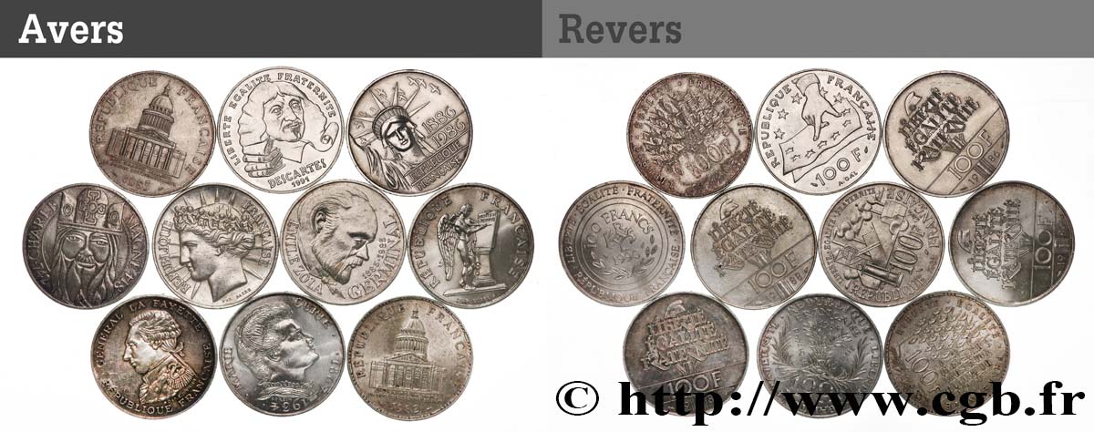 Lot de 10 pièces de 100 francs commémoratives - - F.-/ TTB 