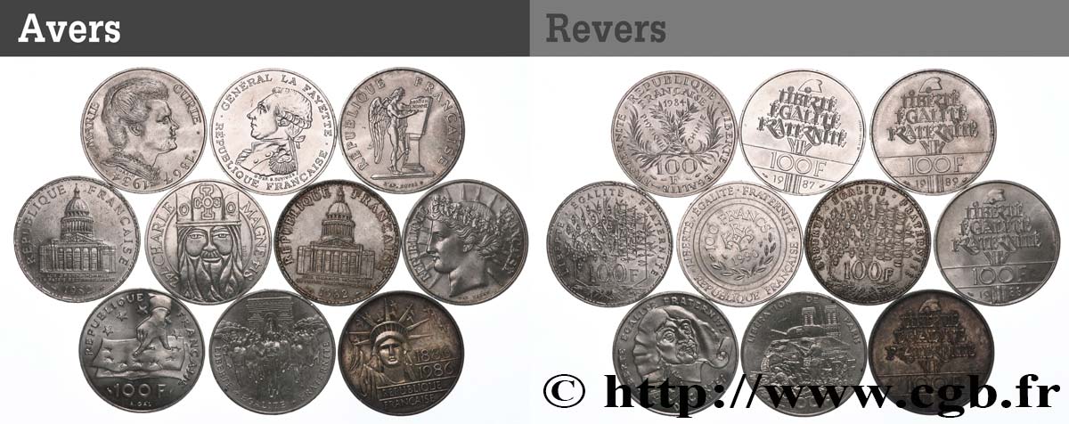 Lot de 10 pièces de 100 francs commémoratives - - F.-/ XF 