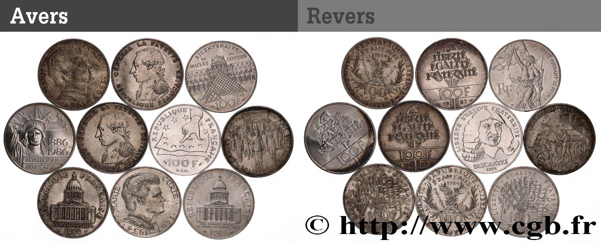 Lot de 10 pièces de 100 francs commémoratives - - F.-/ XF 